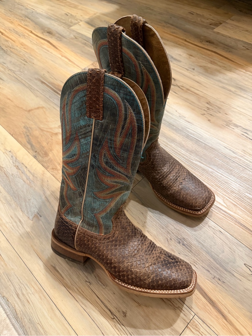 Ariat Brown Exotic Leather Cowboy Boots with Teal and Rust Stitching